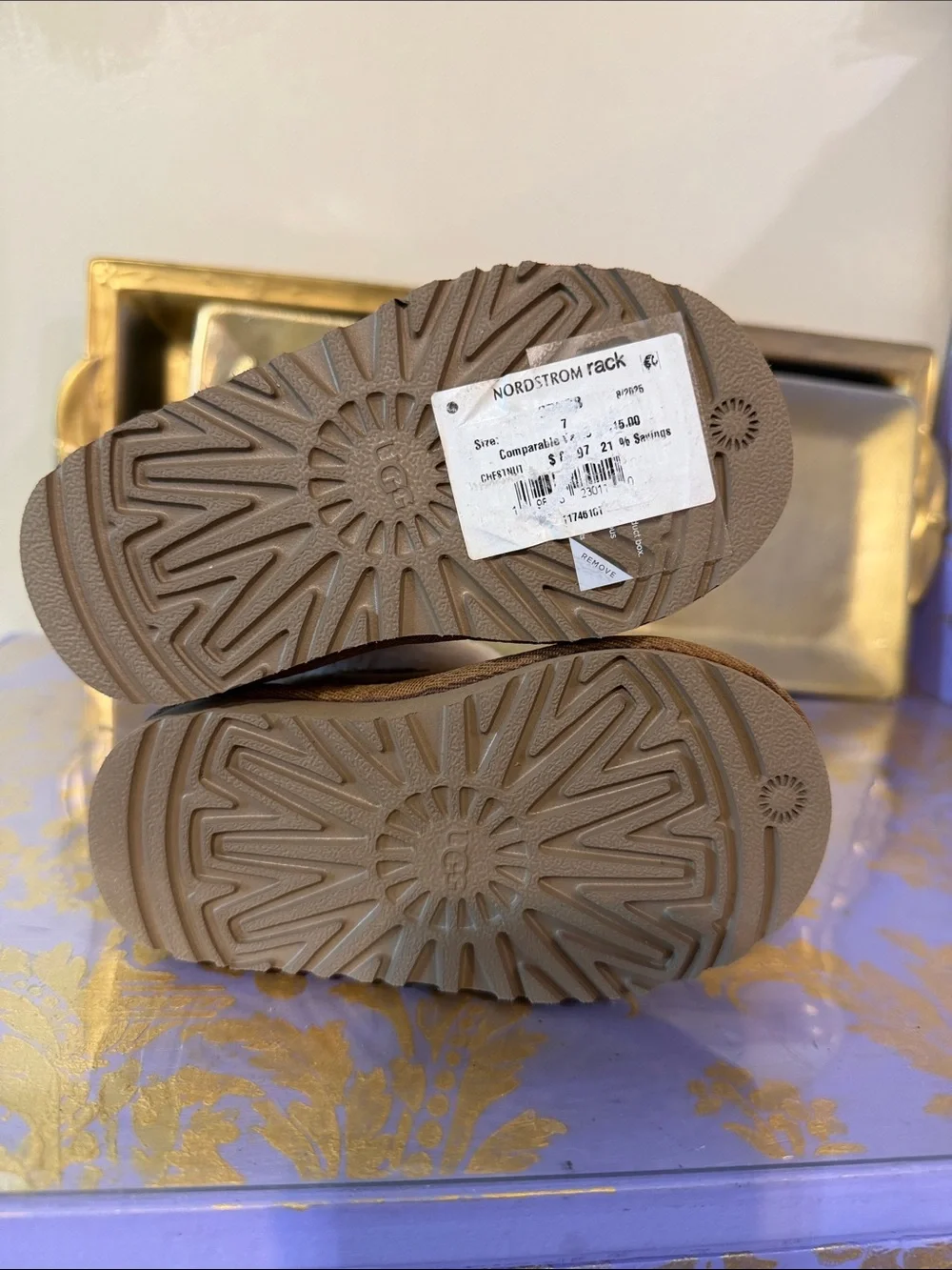 UGG Chestnut Suede Shearling Cuff Kids Slippers